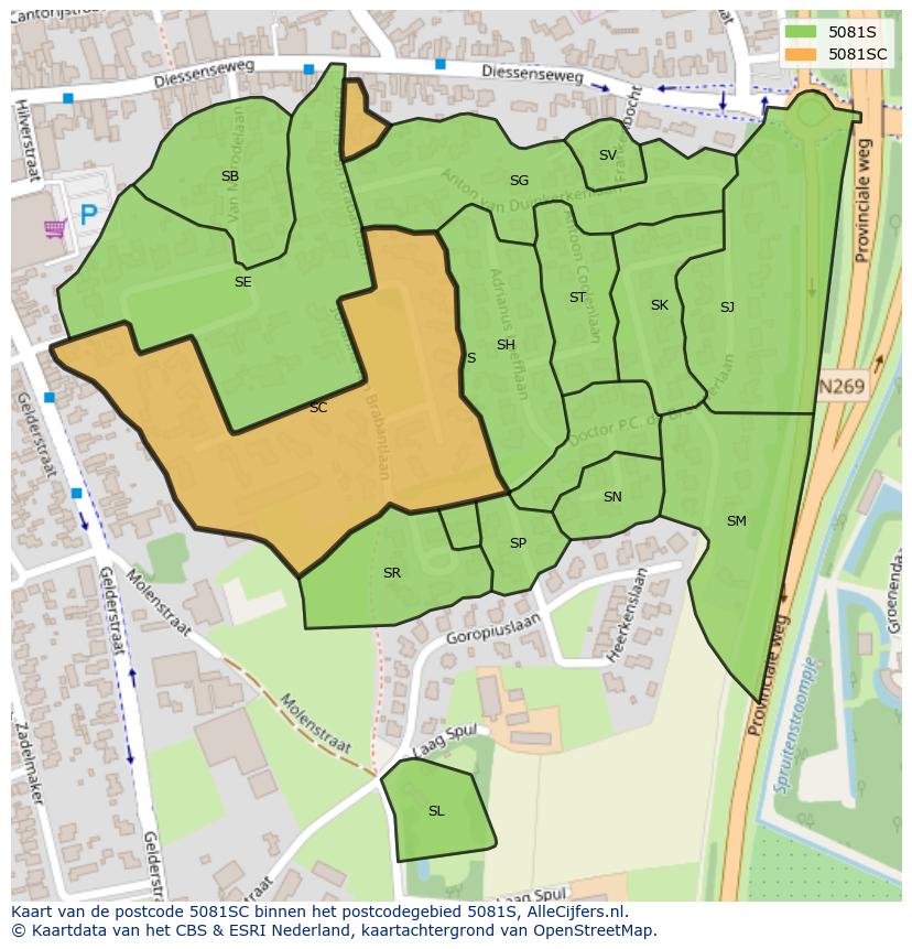 Afbeelding van het postcodegebied 5081 SC op de kaart.