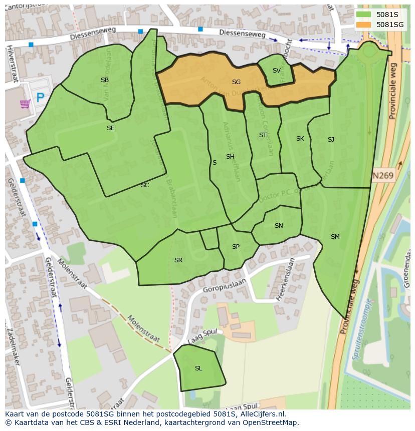 Afbeelding van het postcodegebied 5081 SG op de kaart.