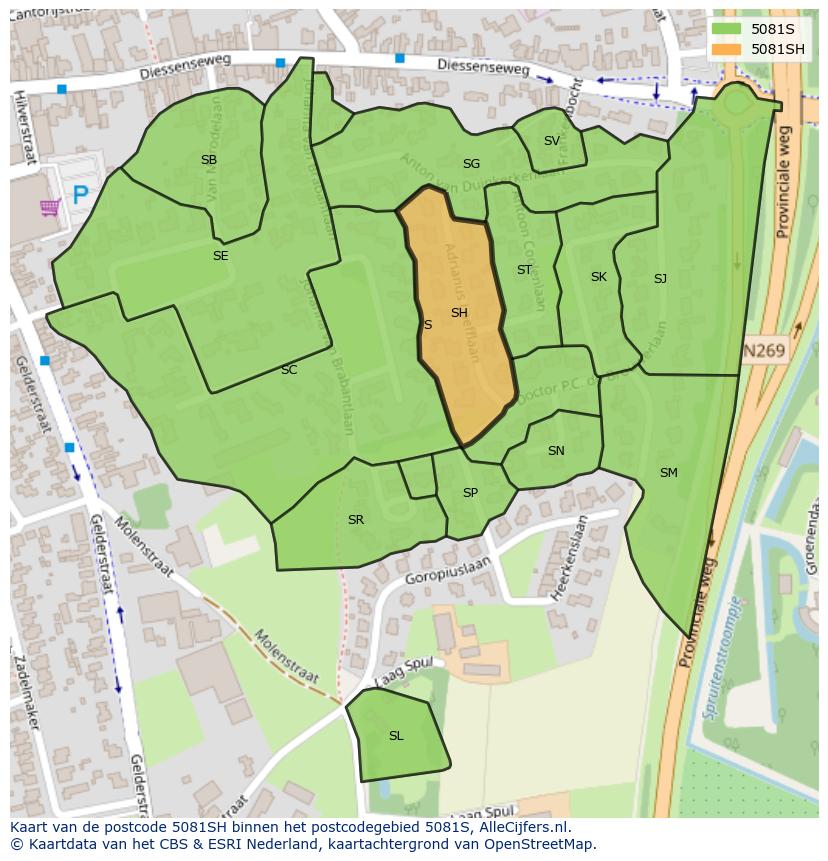 Afbeelding van het postcodegebied 5081 SH op de kaart.