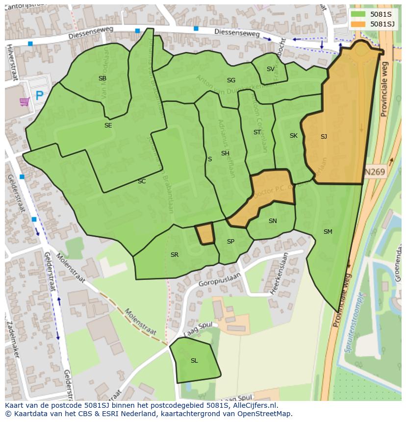 Afbeelding van het postcodegebied 5081 SJ op de kaart.