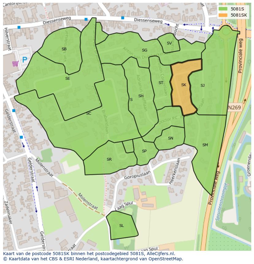 Afbeelding van het postcodegebied 5081 SK op de kaart.