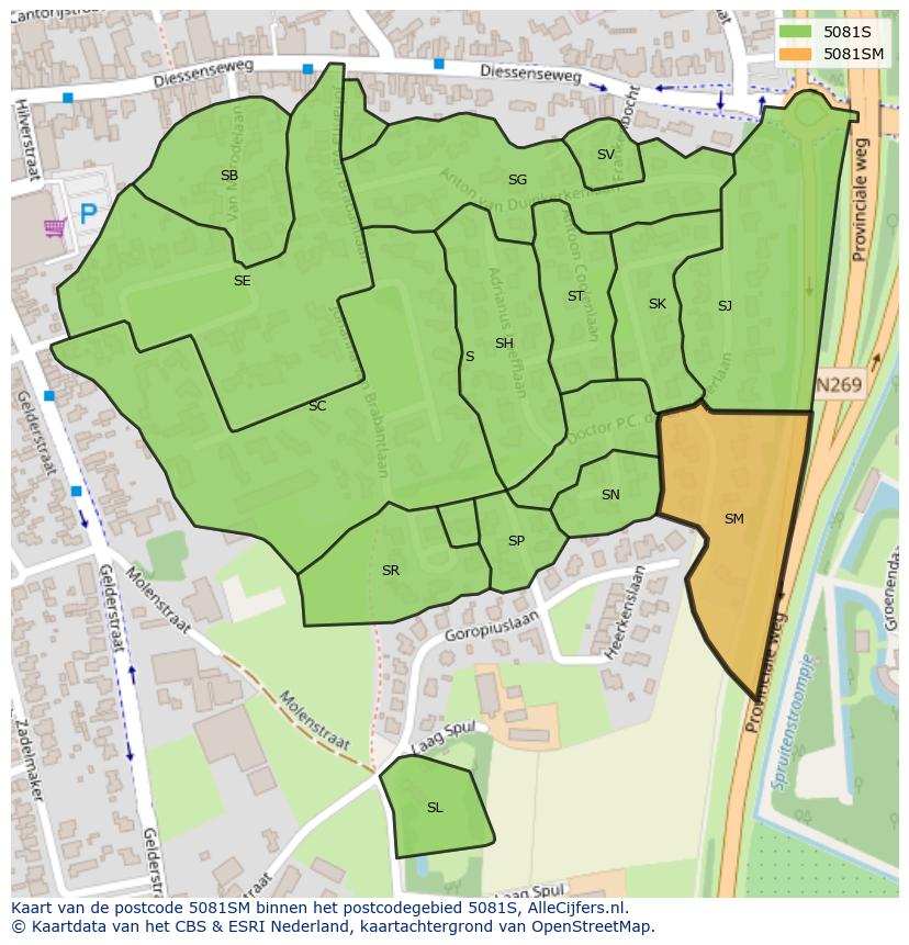 Afbeelding van het postcodegebied 5081 SM op de kaart.