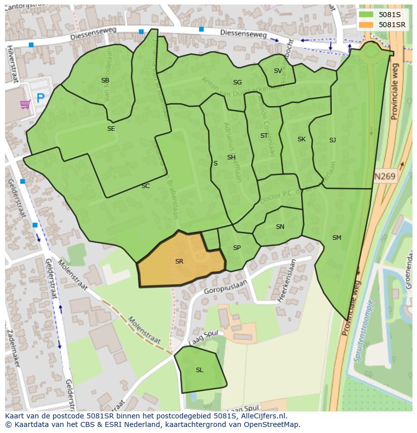 Afbeelding van het postcodegebied 5081 SR op de kaart.