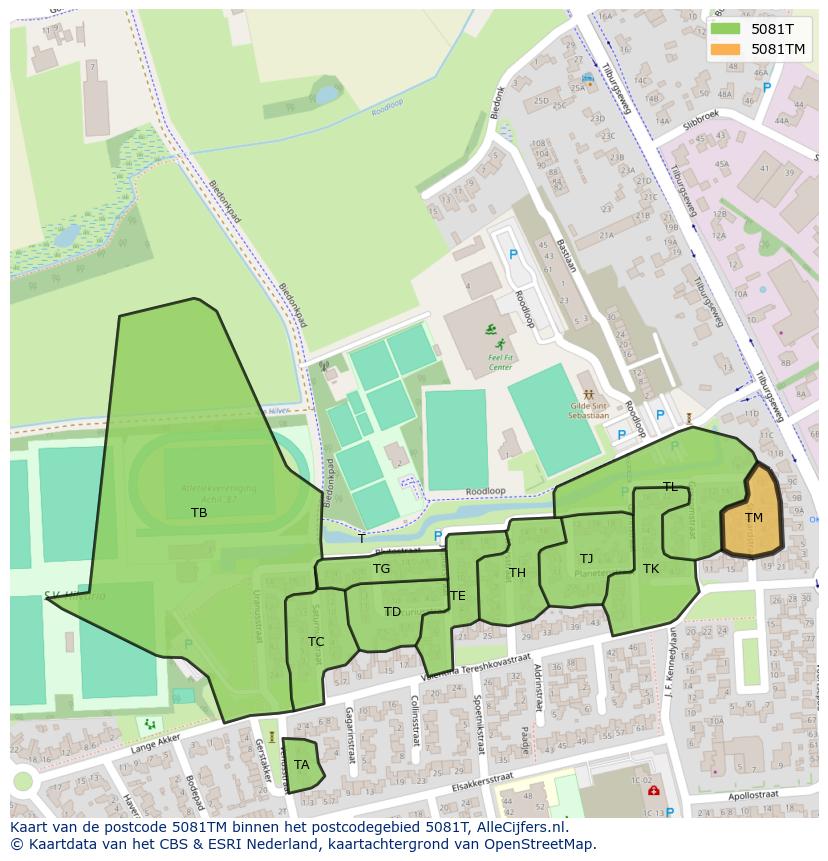 Afbeelding van het postcodegebied 5081 TM op de kaart.