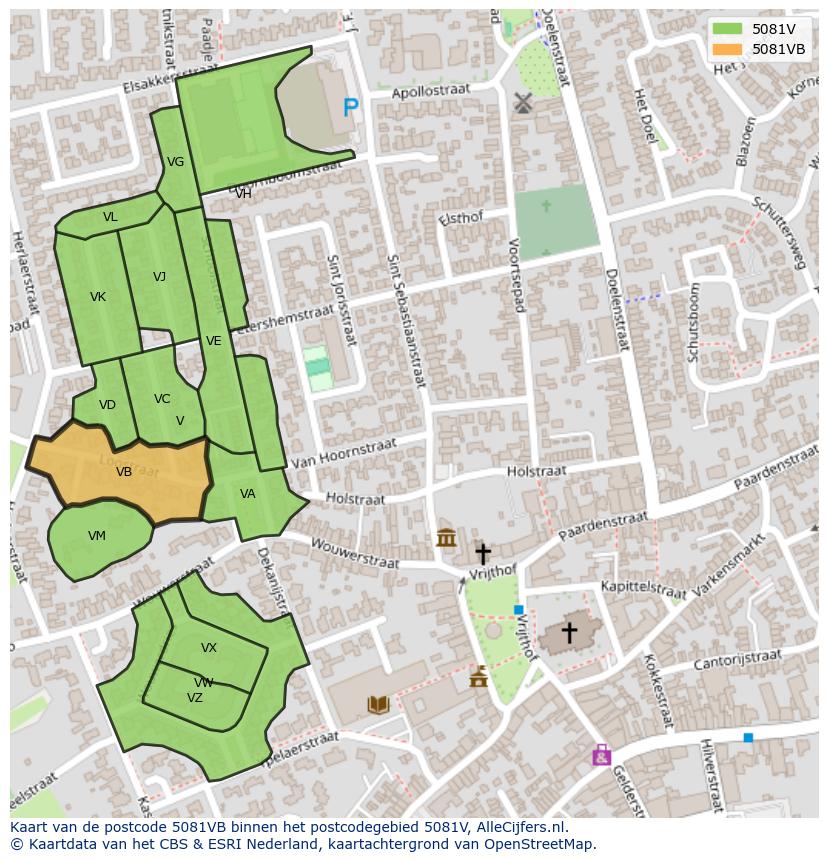 Afbeelding van het postcodegebied 5081 VB op de kaart.