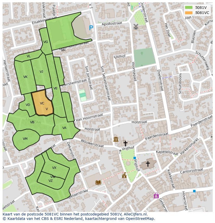 Afbeelding van het postcodegebied 5081 VC op de kaart.