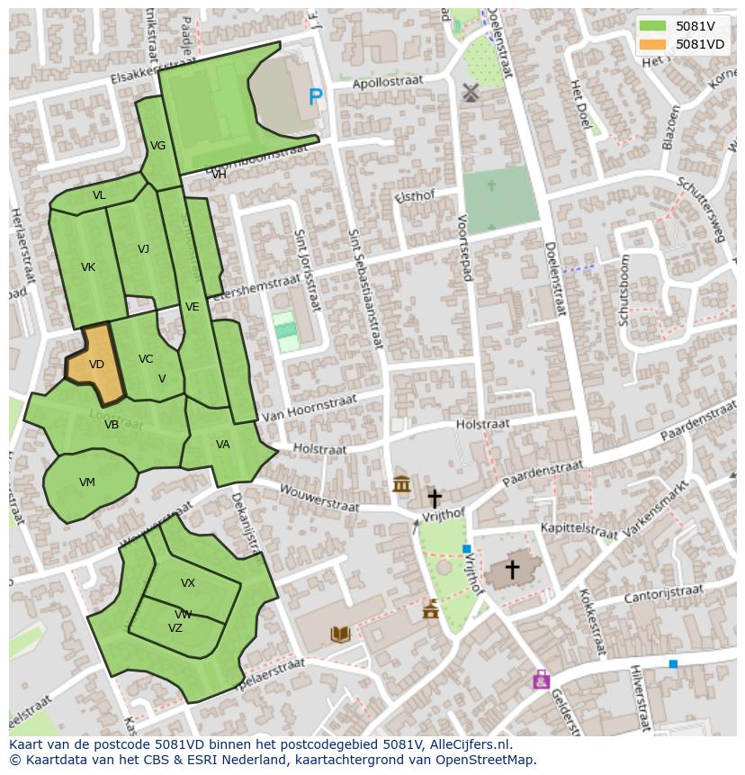Afbeelding van het postcodegebied 5081 VD op de kaart.