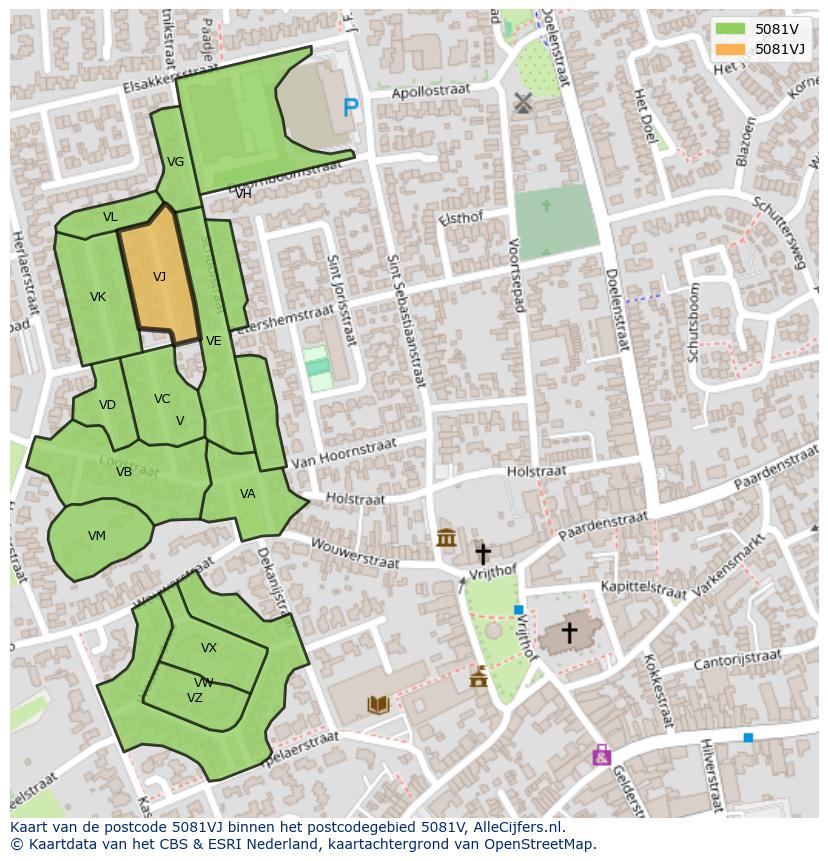 Afbeelding van het postcodegebied 5081 VJ op de kaart.