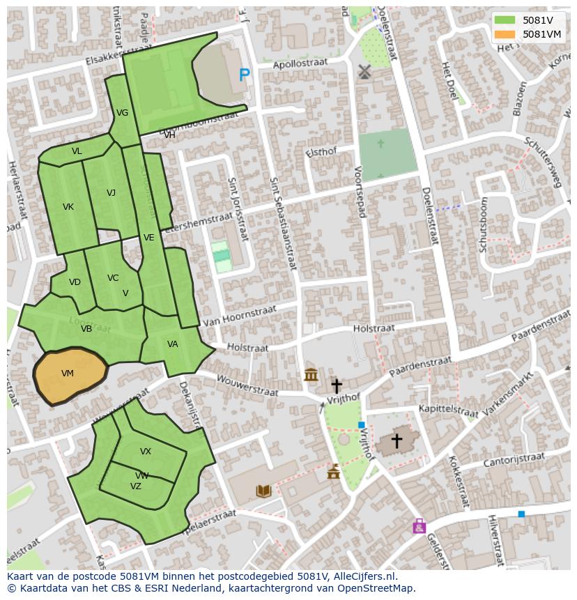 Afbeelding van het postcodegebied 5081 VM op de kaart.