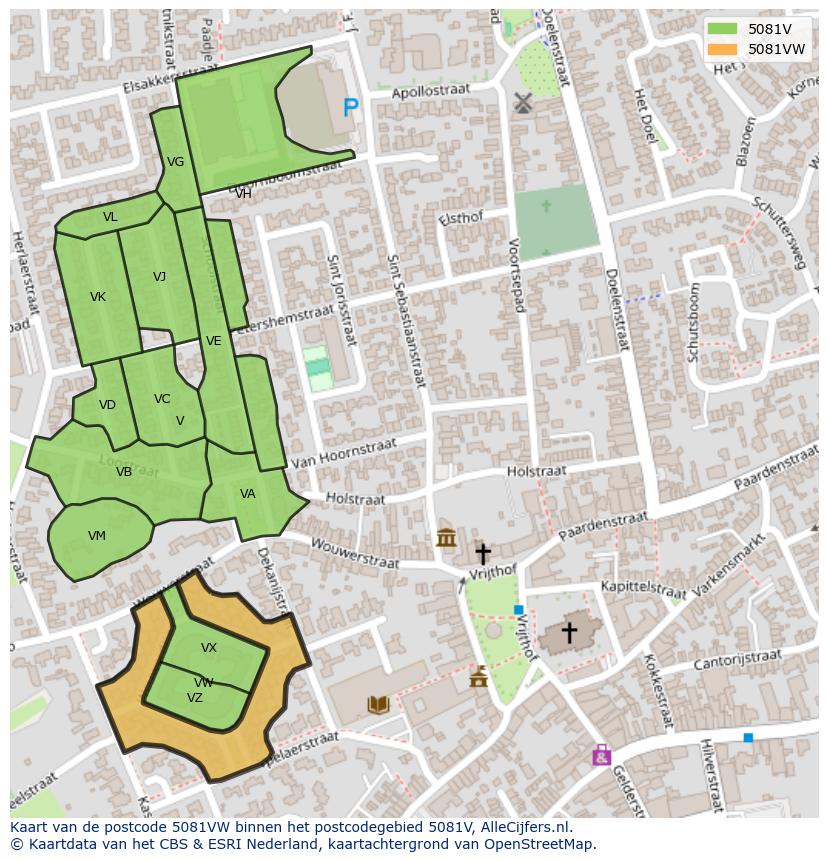 Afbeelding van het postcodegebied 5081 VW op de kaart.