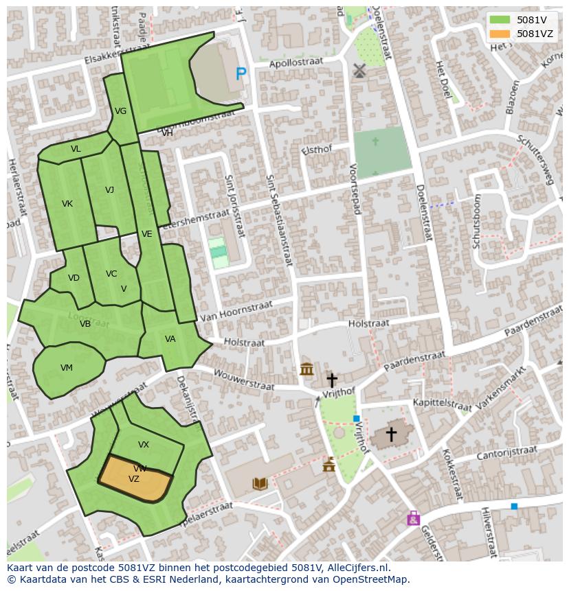 Afbeelding van het postcodegebied 5081 VZ op de kaart.