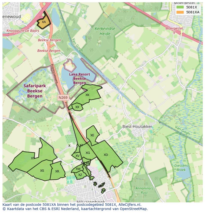 Afbeelding van het postcodegebied 5081 XA op de kaart.