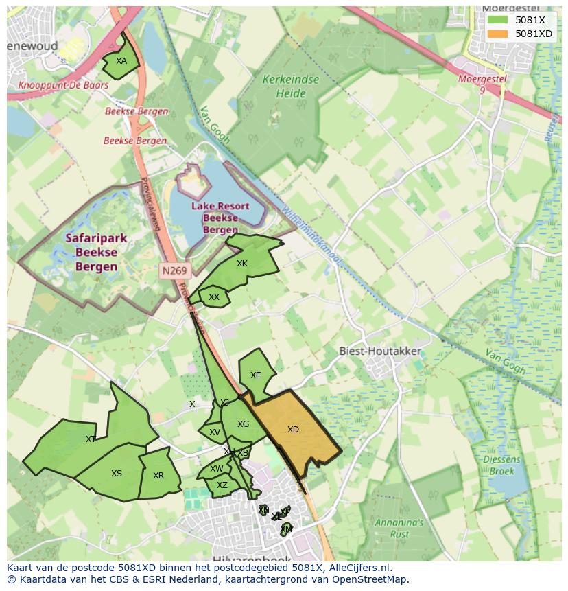 Afbeelding van het postcodegebied 5081 XD op de kaart.