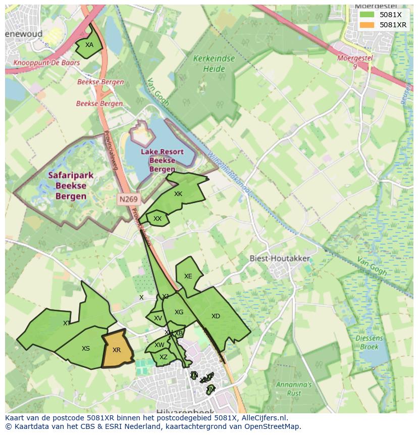 Afbeelding van het postcodegebied 5081 XR op de kaart.
