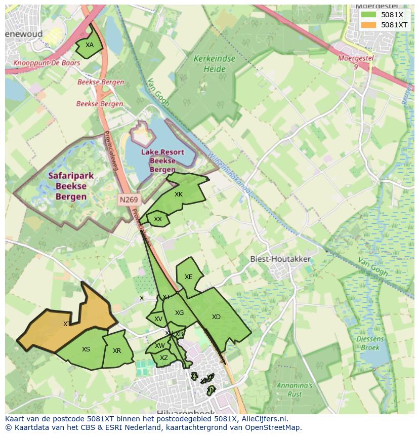Afbeelding van het postcodegebied 5081 XT op de kaart.