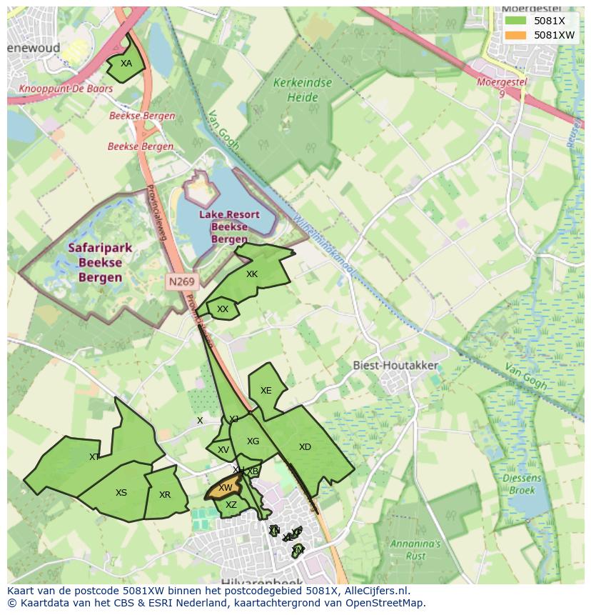 Afbeelding van het postcodegebied 5081 XW op de kaart.