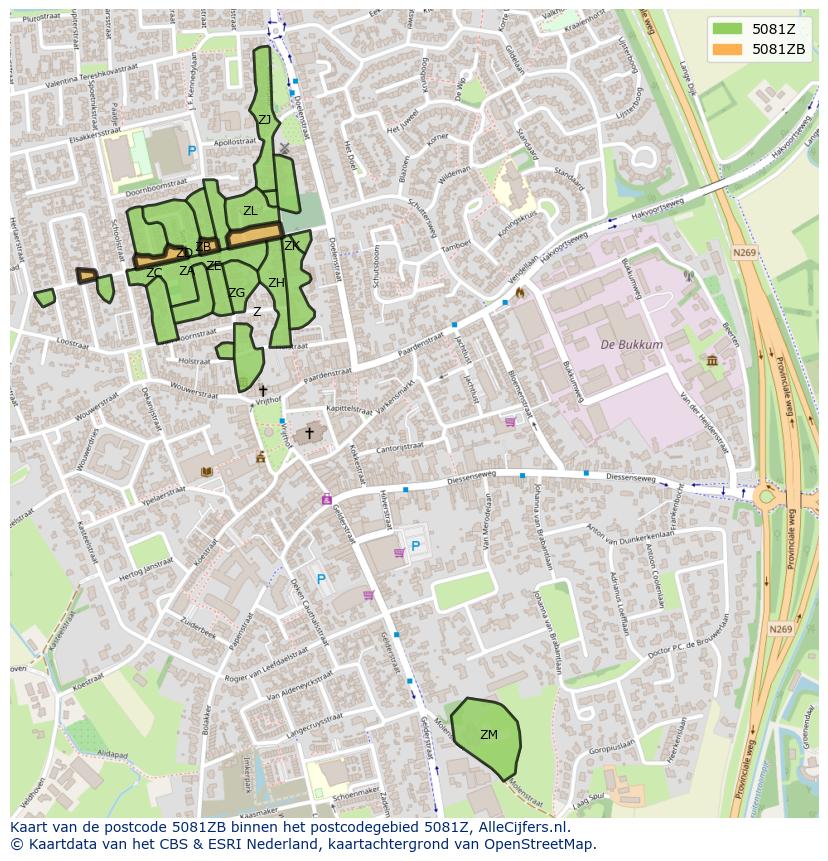 Afbeelding van het postcodegebied 5081 ZB op de kaart.