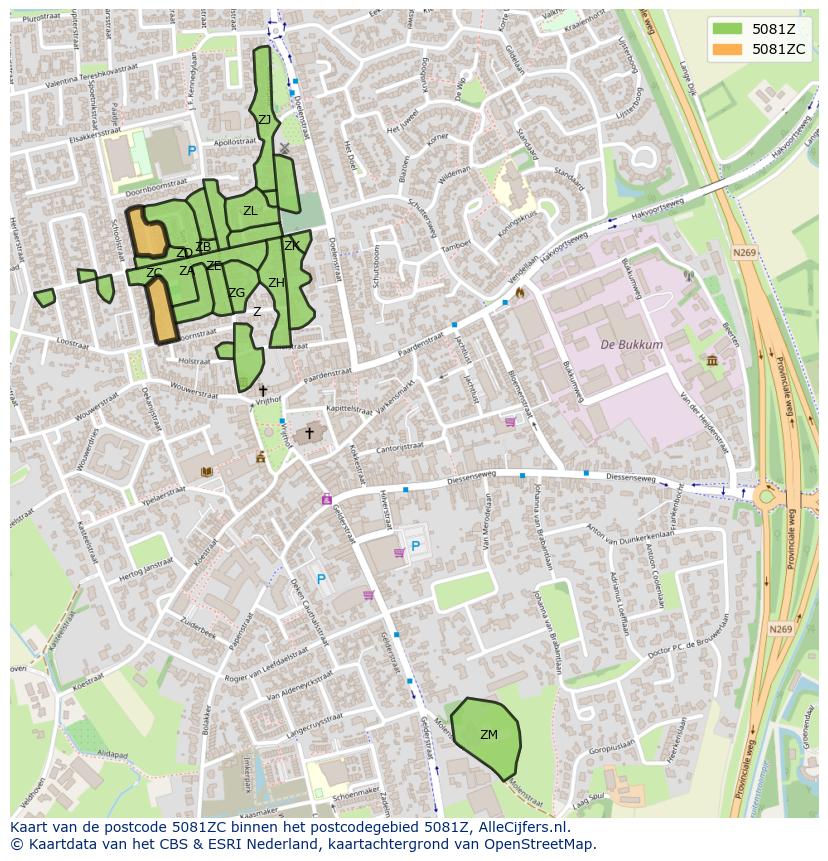 Afbeelding van het postcodegebied 5081 ZC op de kaart.