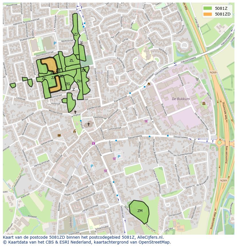 Afbeelding van het postcodegebied 5081 ZD op de kaart.