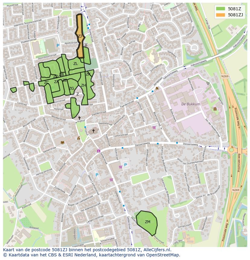 Afbeelding van het postcodegebied 5081 ZJ op de kaart.