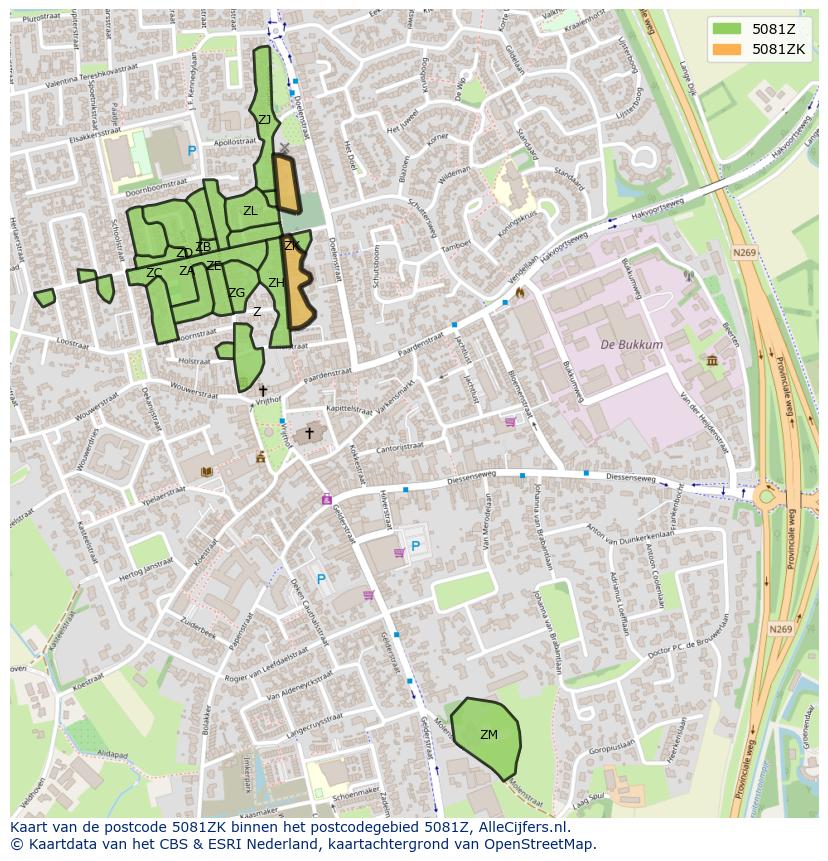 Afbeelding van het postcodegebied 5081 ZK op de kaart.