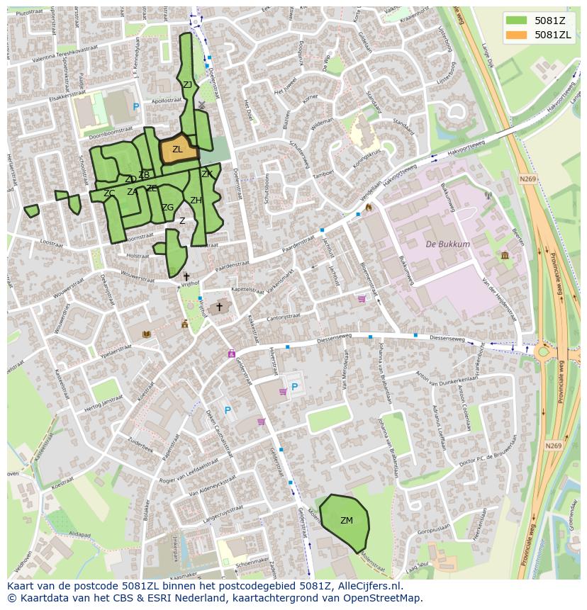 Afbeelding van het postcodegebied 5081 ZL op de kaart.