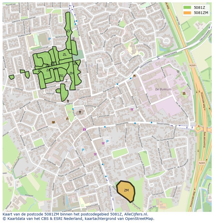 Afbeelding van het postcodegebied 5081 ZM op de kaart.
