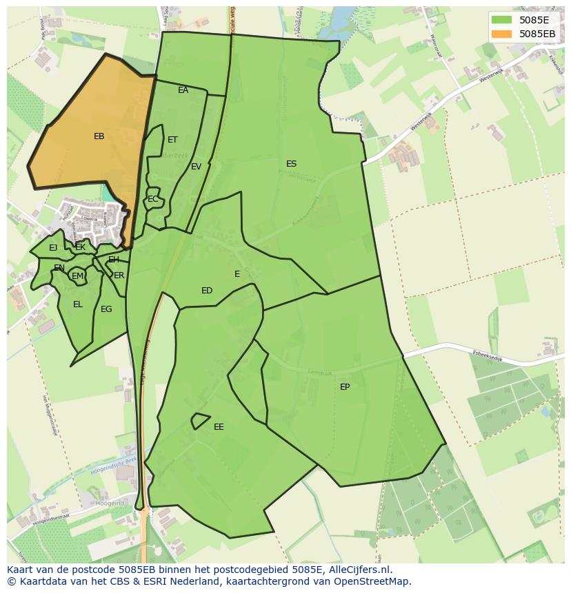 Afbeelding van het postcodegebied 5085 EB op de kaart.