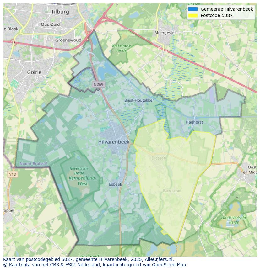 Afbeelding van het postcodegebied 5087 op de kaart.
