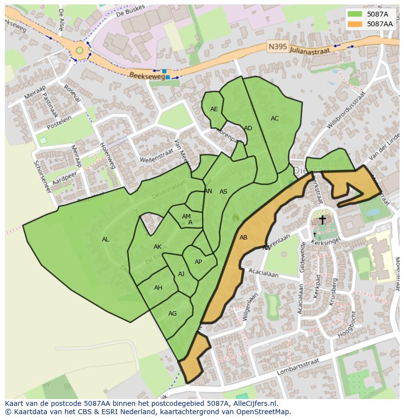 Afbeelding van het postcodegebied 5087 AA op de kaart.
