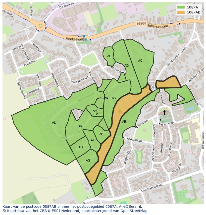 Afbeelding van het postcodegebied 5087 AB op de kaart.