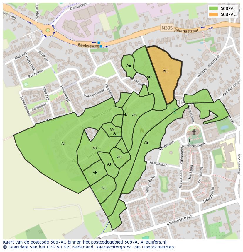 Afbeelding van het postcodegebied 5087 AC op de kaart.