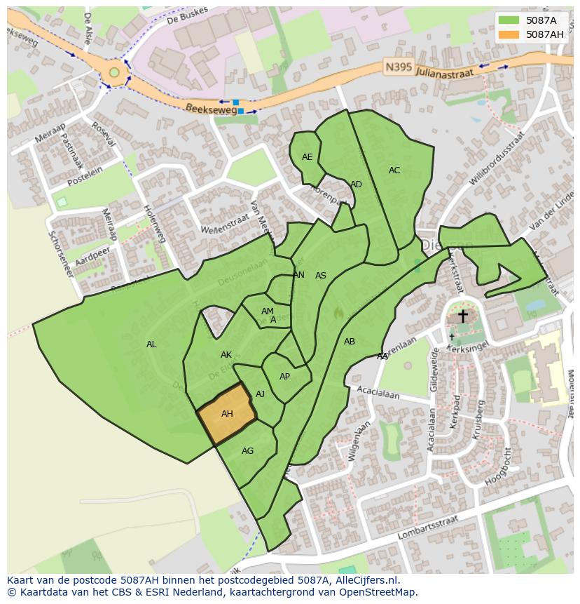 Afbeelding van het postcodegebied 5087 AH op de kaart.