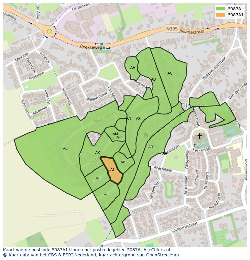 Afbeelding van het postcodegebied 5087 AJ op de kaart.