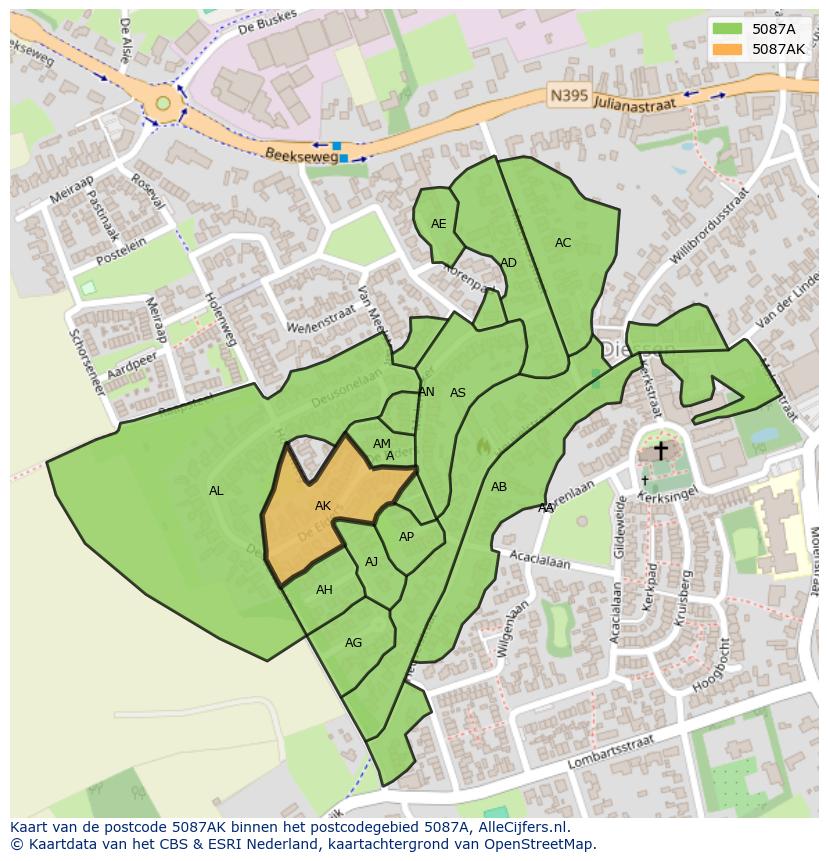 Afbeelding van het postcodegebied 5087 AK op de kaart.