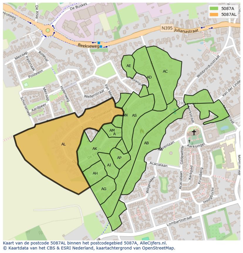 Afbeelding van het postcodegebied 5087 AL op de kaart.