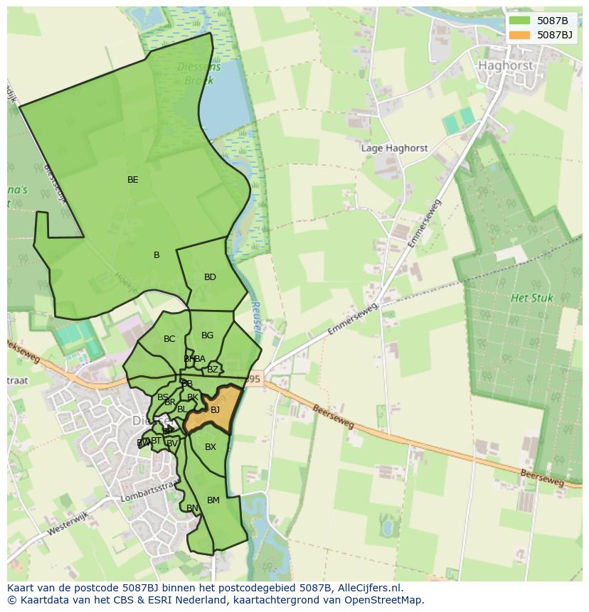 Afbeelding van het postcodegebied 5087 BJ op de kaart.