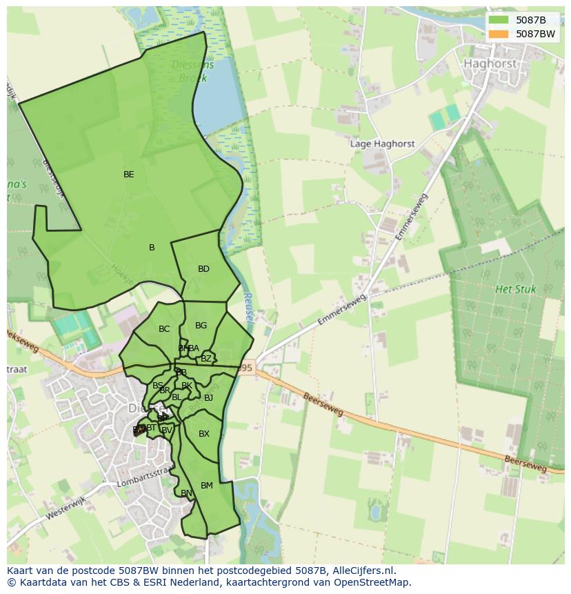 Afbeelding van het postcodegebied 5087 BW op de kaart.