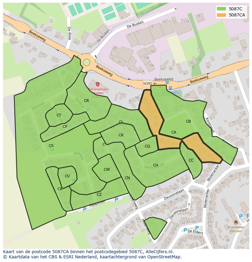 Afbeelding van het postcodegebied 5087 CA op de kaart.