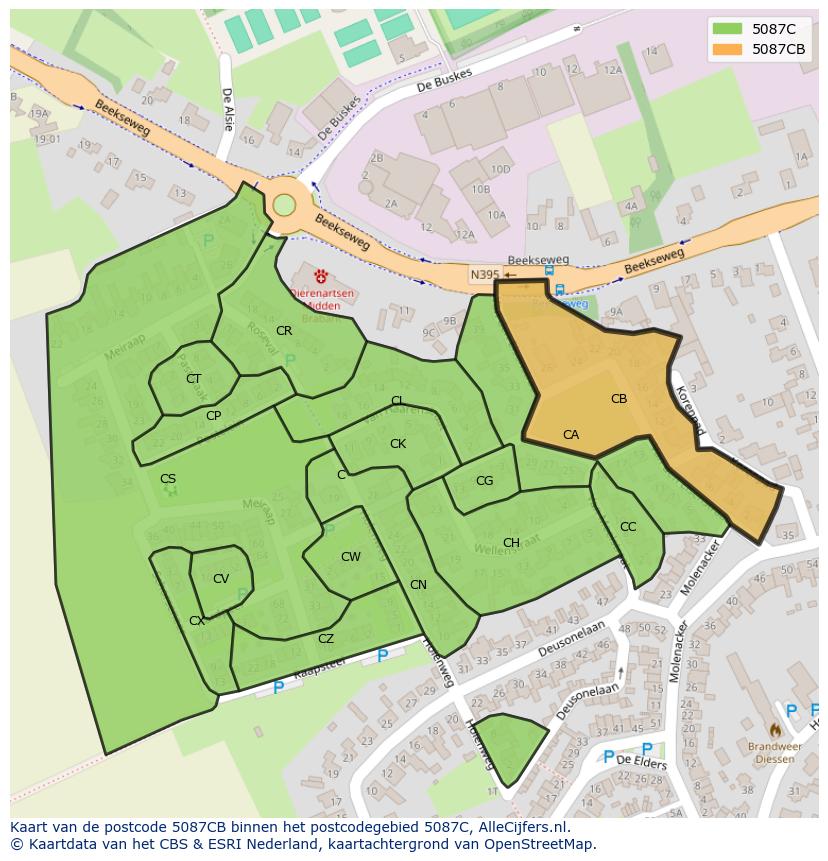 Afbeelding van het postcodegebied 5087 CB op de kaart.