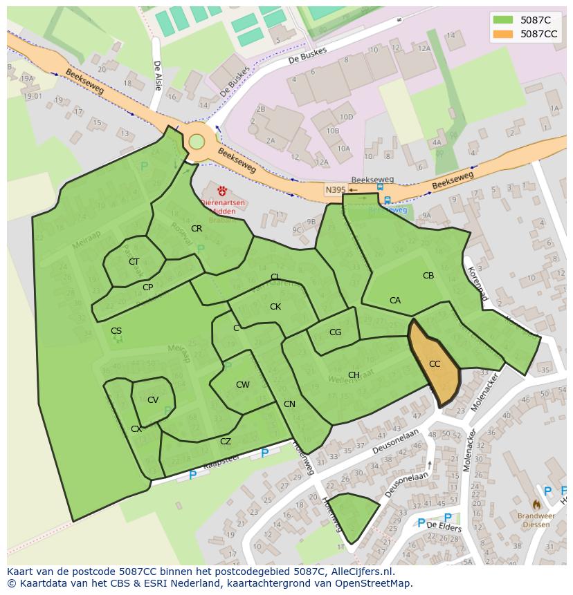 Afbeelding van het postcodegebied 5087 CC op de kaart.