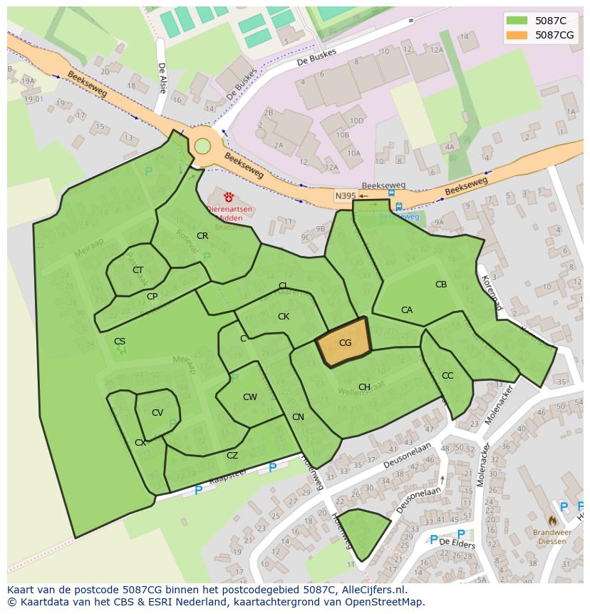 Afbeelding van het postcodegebied 5087 CG op de kaart.