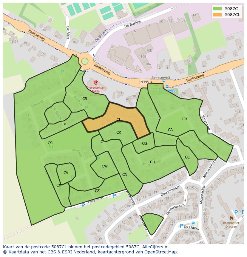 Afbeelding van het postcodegebied 5087 CL op de kaart.