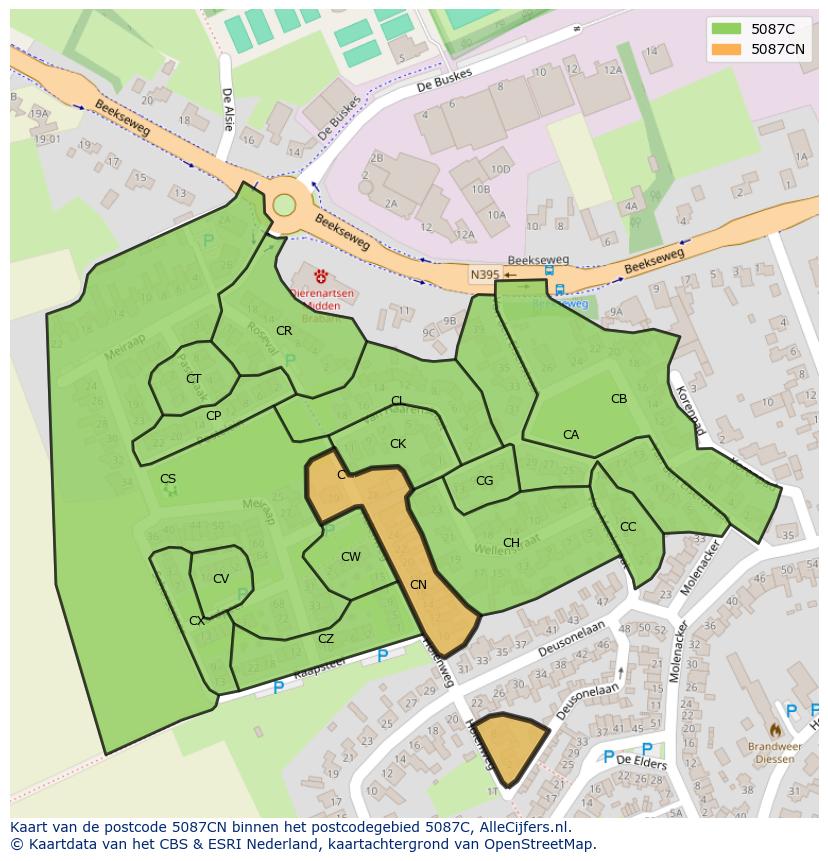 Afbeelding van het postcodegebied 5087 CN op de kaart.
