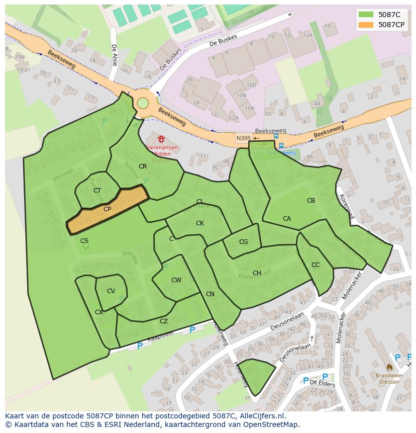 Afbeelding van het postcodegebied 5087 CP op de kaart.