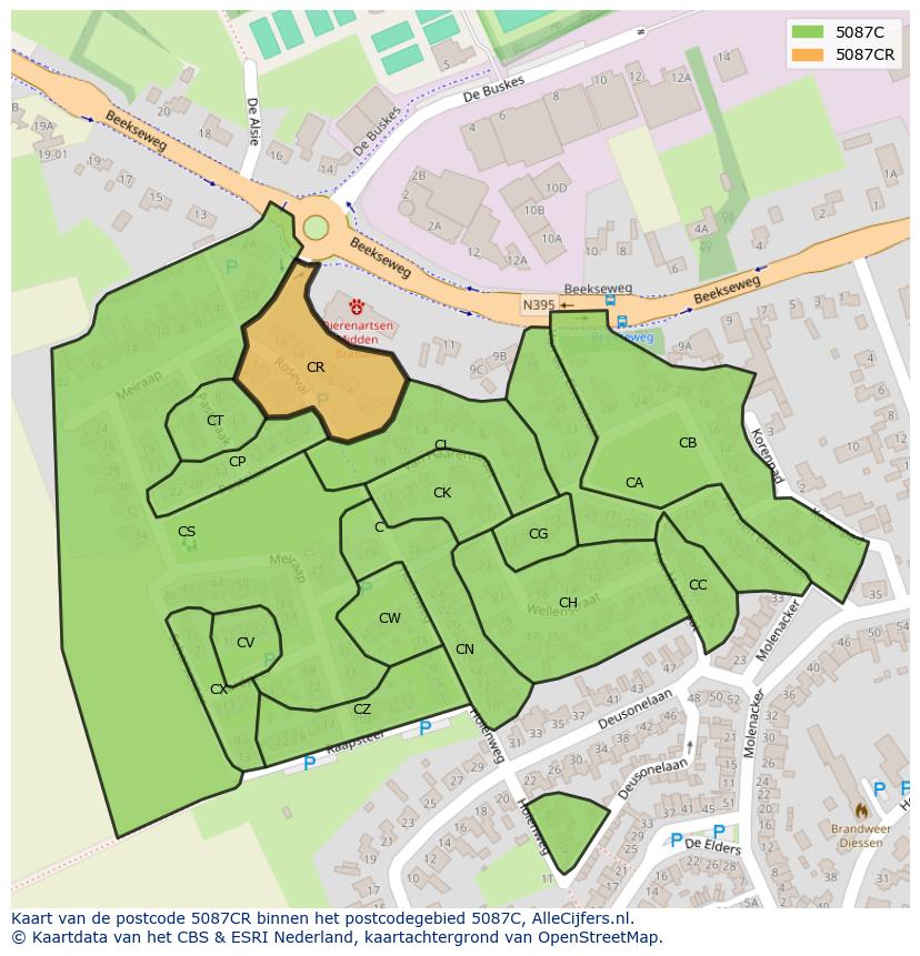 Afbeelding van het postcodegebied 5087 CR op de kaart.