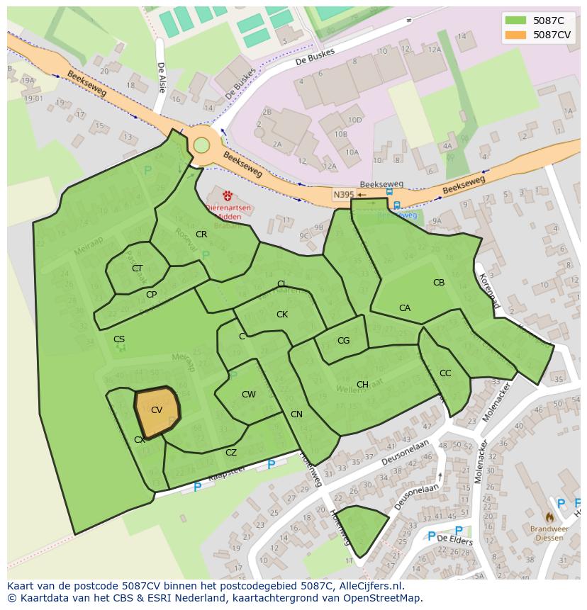 Afbeelding van het postcodegebied 5087 CV op de kaart.