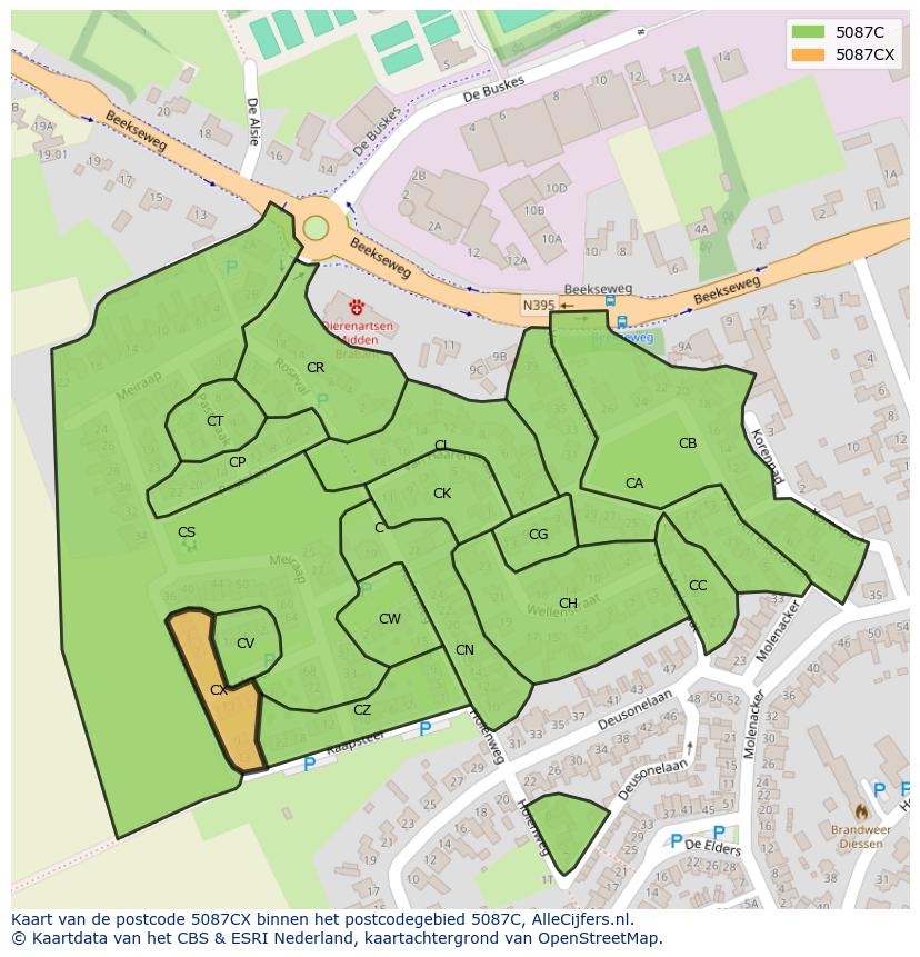 Afbeelding van het postcodegebied 5087 CX op de kaart.