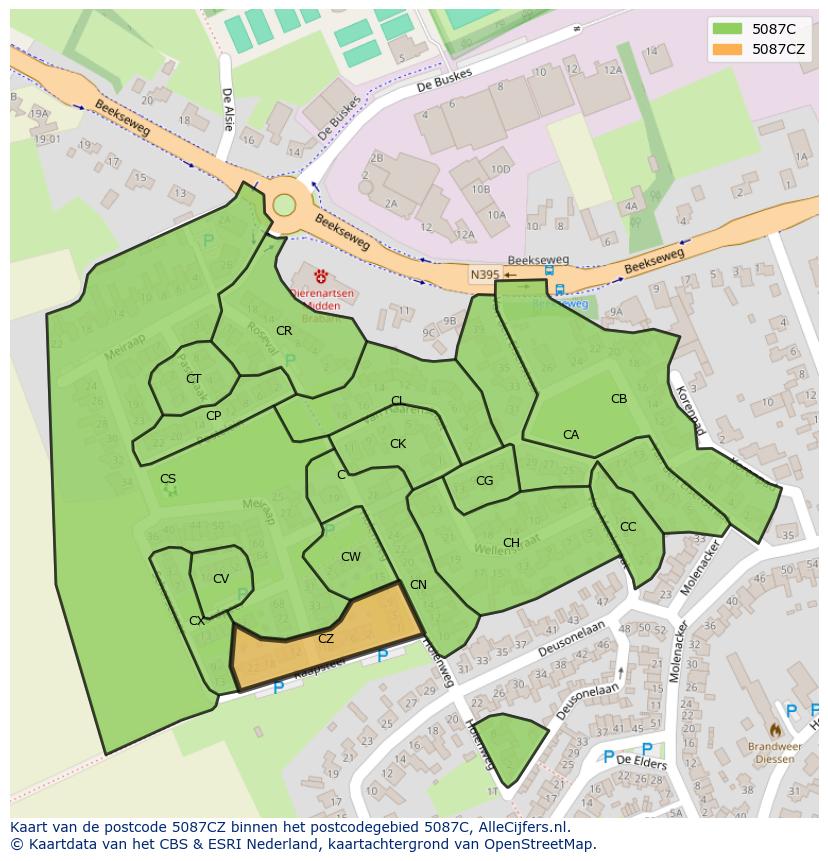 Afbeelding van het postcodegebied 5087 CZ op de kaart.