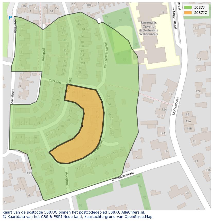 Afbeelding van het postcodegebied 5087 JC op de kaart.